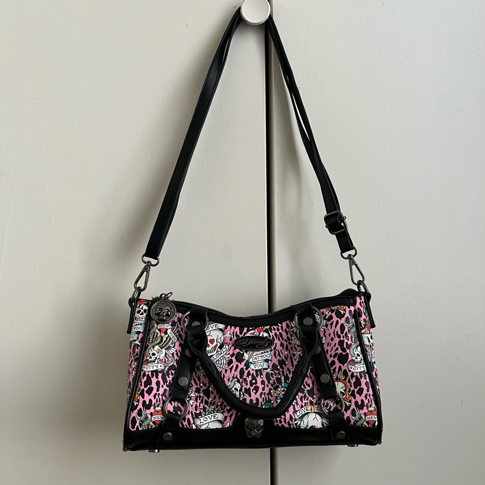 Ed Hardy Leopard Print Pink and Black Shoulder Bag
